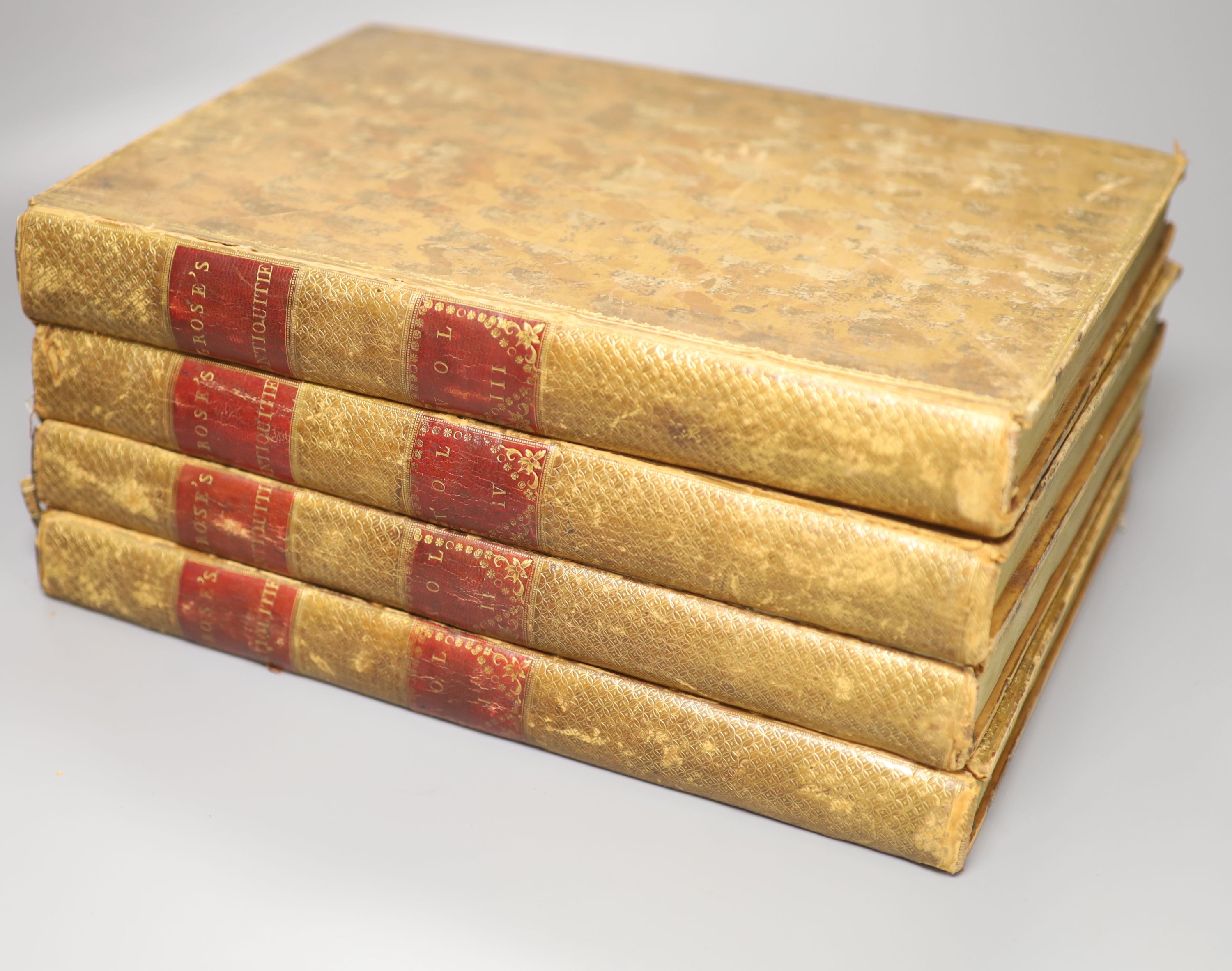Grose, Francis - The Antiquities of England and Wales: being a collection of views of the most remarkable ruins and antient buildings ..., 4 vols, 11 copper engraved plates, many engraved text illus. (within plate marks)